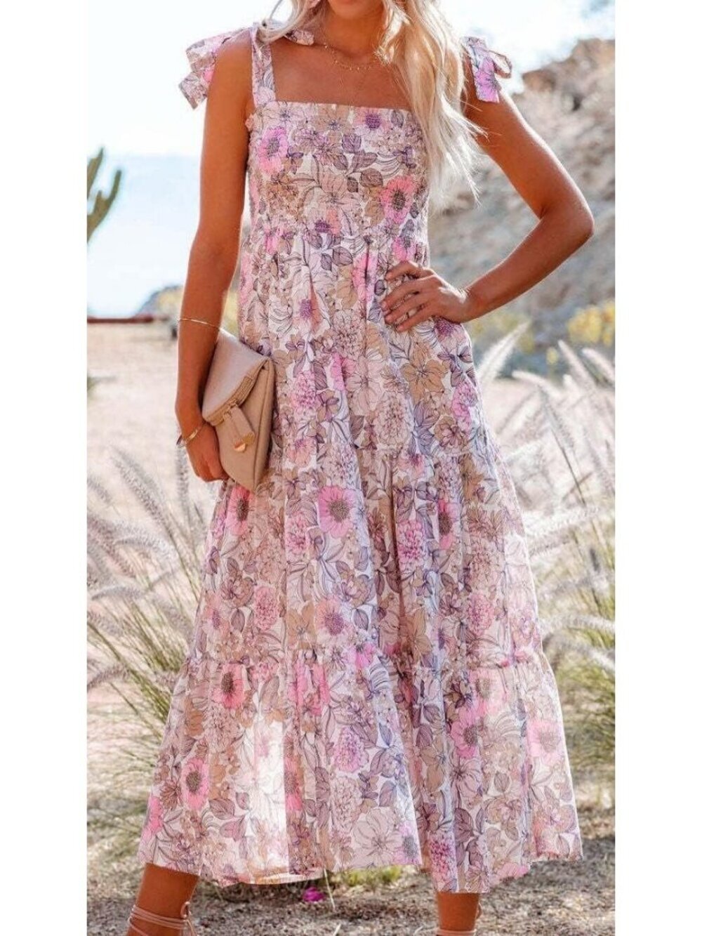 Women's Pink Floral Sleeveless Square Neck Ruffle Flowy Imported Maxi Dress - Picture 4 of 5